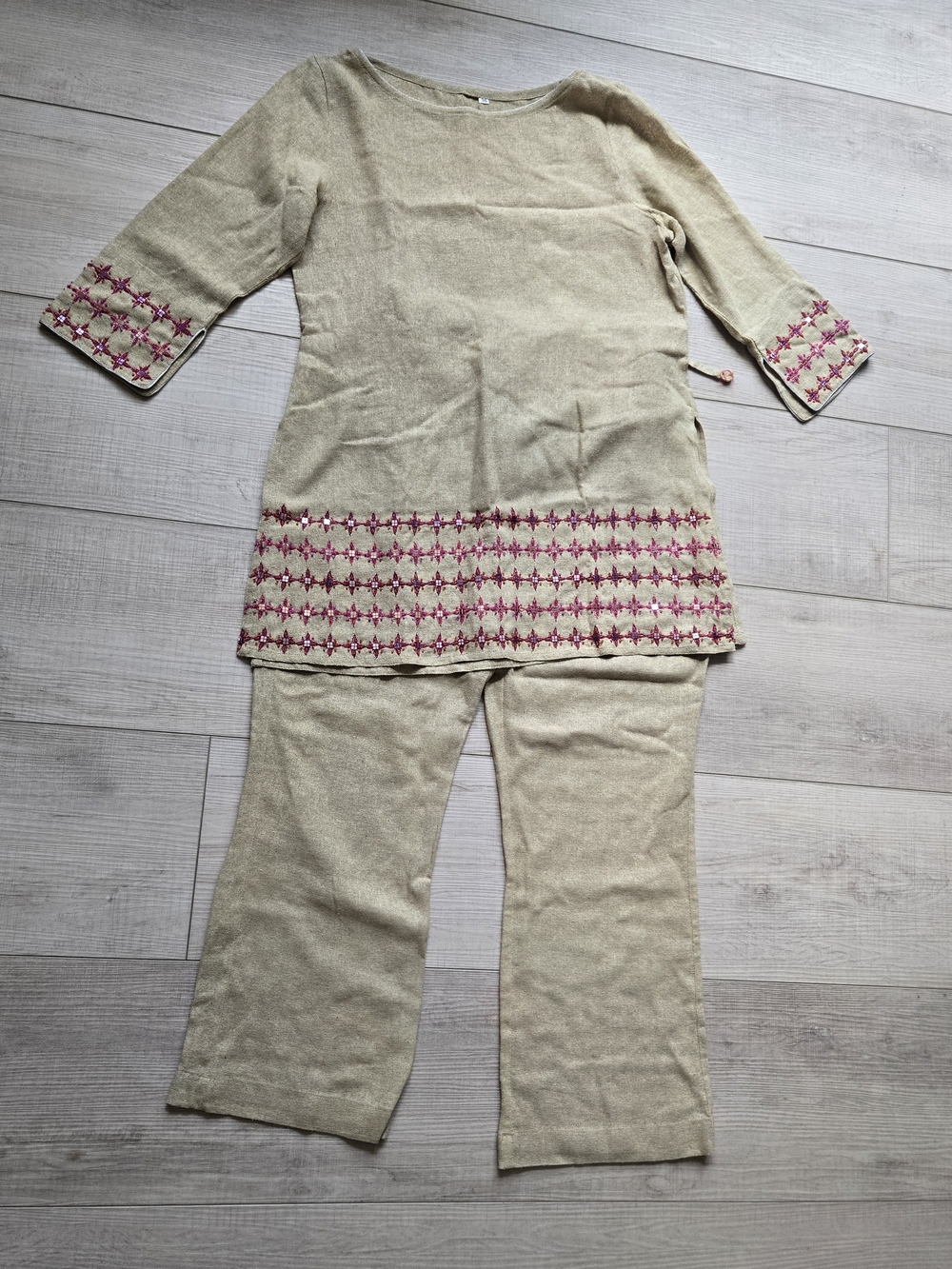 Beige Tan Cotton Embroidered Two-Piece Tunic & Pants Set - Women Size Small 36